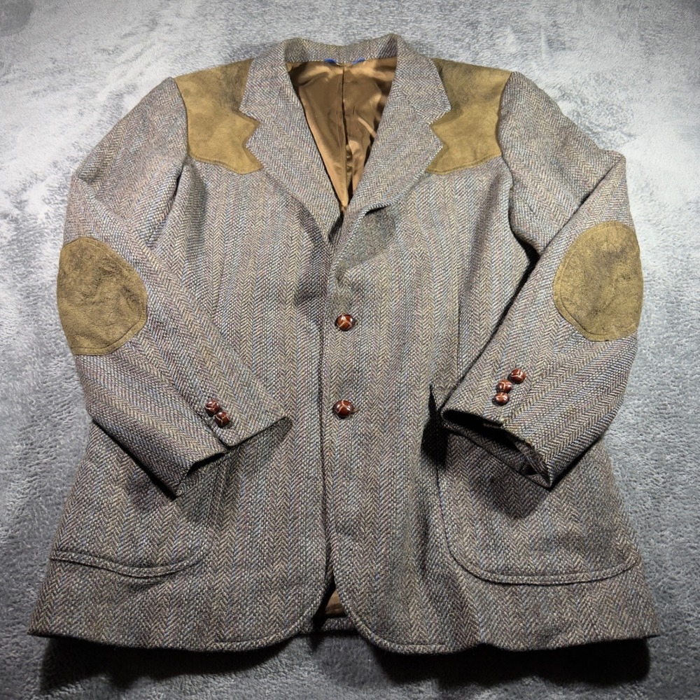 Pendleton Mens 44L Western Wool Herringbone Blazer Suede Yokes Elbow Patches USA